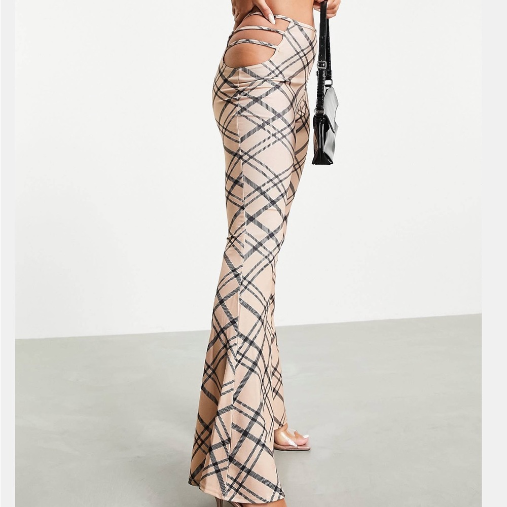 Fashionkilla check pants with cut-out detail in tan